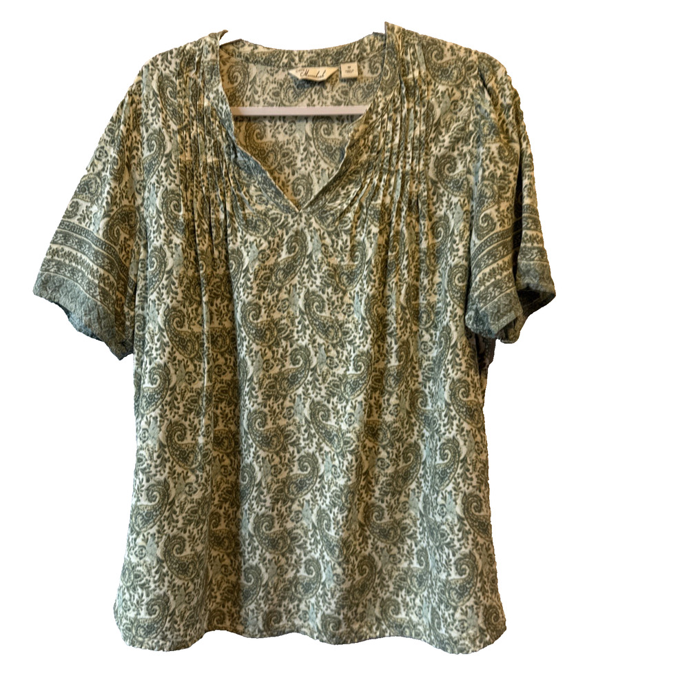 Caffe Marrakesh Women's Plus 1X Pintuck V Neck Top‎ Green Paisley Floral Boho